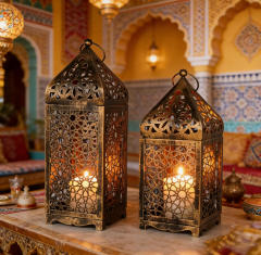 Matorino -Rustic Moroccan Style Candle Lantern Set - Antique Bronze Pierced Metal, Indoor Outdoor Decorative