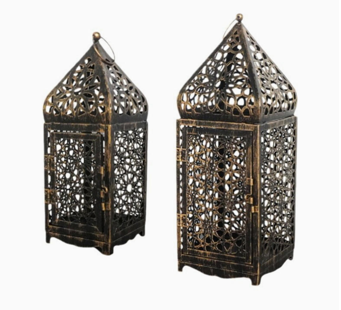 Matorino -Rustic Moroccan Style Candle Lantern Set - Antique Bronze Pierced Metal, Indoor Outdoor Decorative