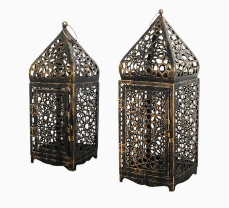 Matorino -Rustic Moroccan Style Candle Lantern Set - Antique Bronze Pierced Metal, Indoor Outdoor Decorative