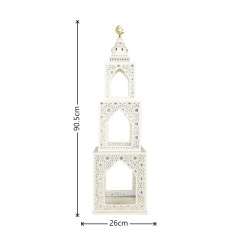 Matorino -Luxury Holy Islamic Iron Mosque Tower Statue,Hollow Cutout Ramadan Eid Decor with Golden Moon handle, Durable White Metal Ornament, Ideal Blessed Gift for Muslim Friends, Eid Al-Fitr Home Dining Table Display