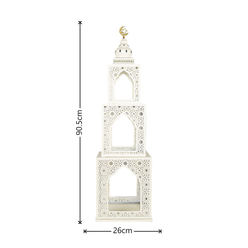 Matorino -Luxury Holy Islamic Iron Mosque Tower Statue,Hollow Cutout Ramadan Eid Decor with Golden Moon handle, Durable White Metal Ornament, Ideal Blessed Gift for Muslim Friends, Eid Al-Fitr Home Dining Table Display