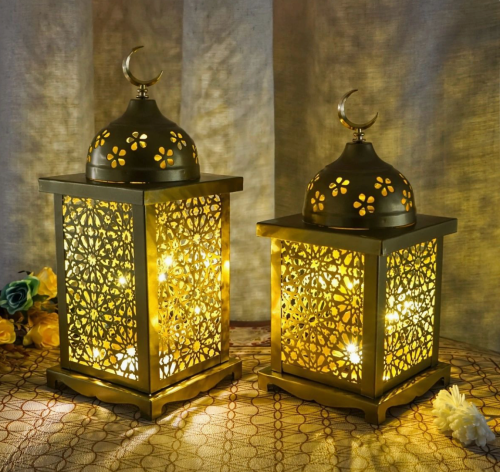 Matorino -Gold Ramadan Lanterns, Moroccan Style Metal Candle Holders with Crescent Moon Top, for Eid Decor &amp; Muslim Home