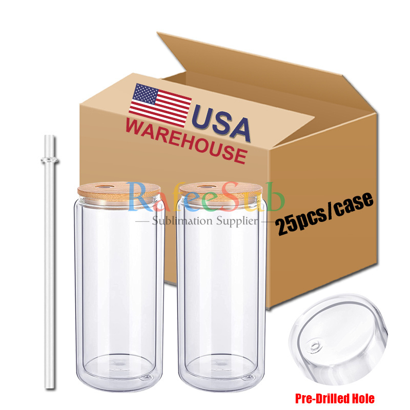 US Pre Sale 25PCS 16oz Clear Pre-drilled Hole Double Wall Glass Can Tumbler | Sublimation Blanks | - RafeeSub