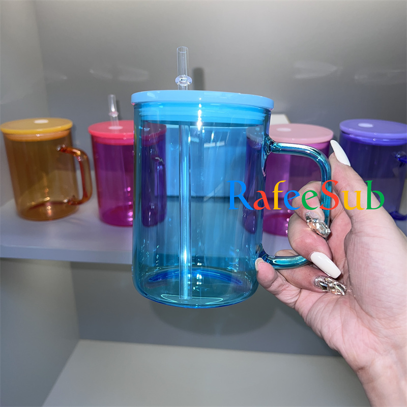 25PCS 15oz Color Clear Sublimation Blanks Glass Mug with Colorful Lids