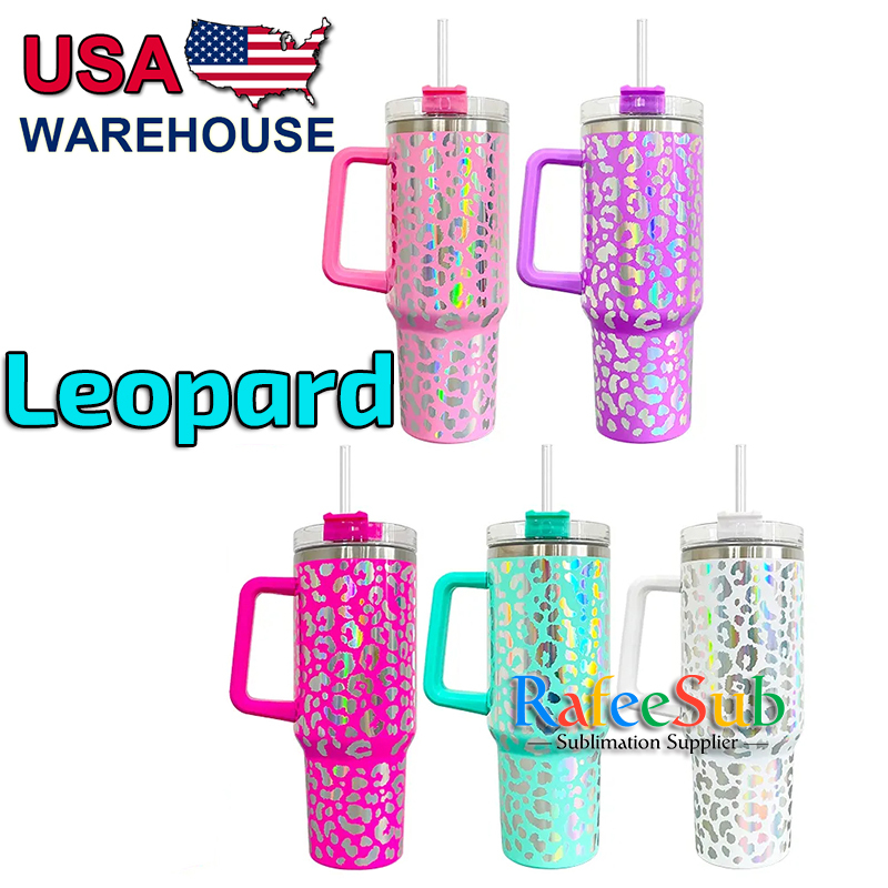25PCS 40oz Mixed 5 Colors Holographic Leopard Laser Tumbler with Handle