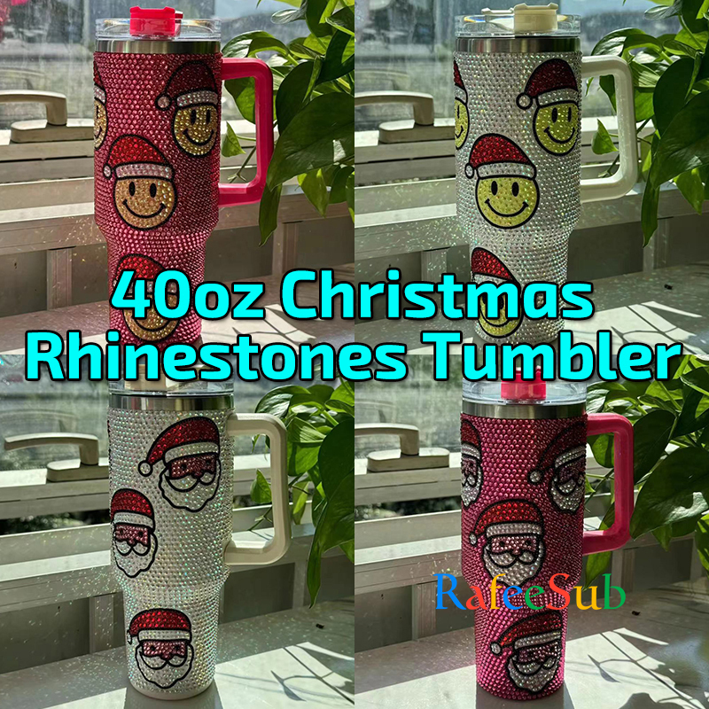 20PCS/CASE Mixed 4 Christmas Designs Pattern 40oz Rhinestone Stainless Steel Tumbler with Handle
