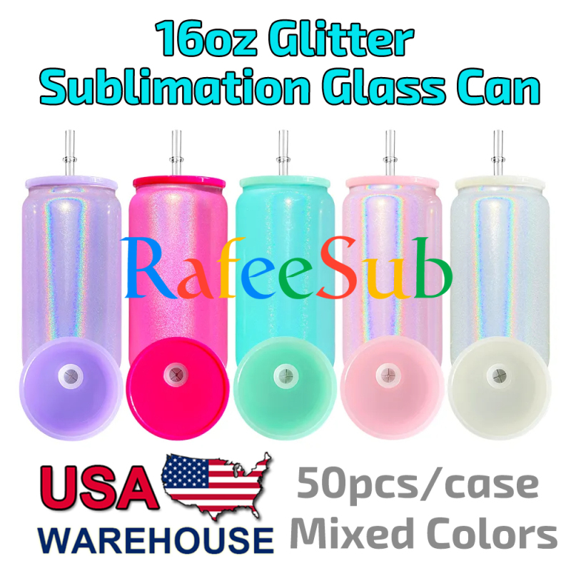 50PCS 16oz Mixed 5 Colors Rainbow Glitter Sublimation Glass Can with Plastic Lids
