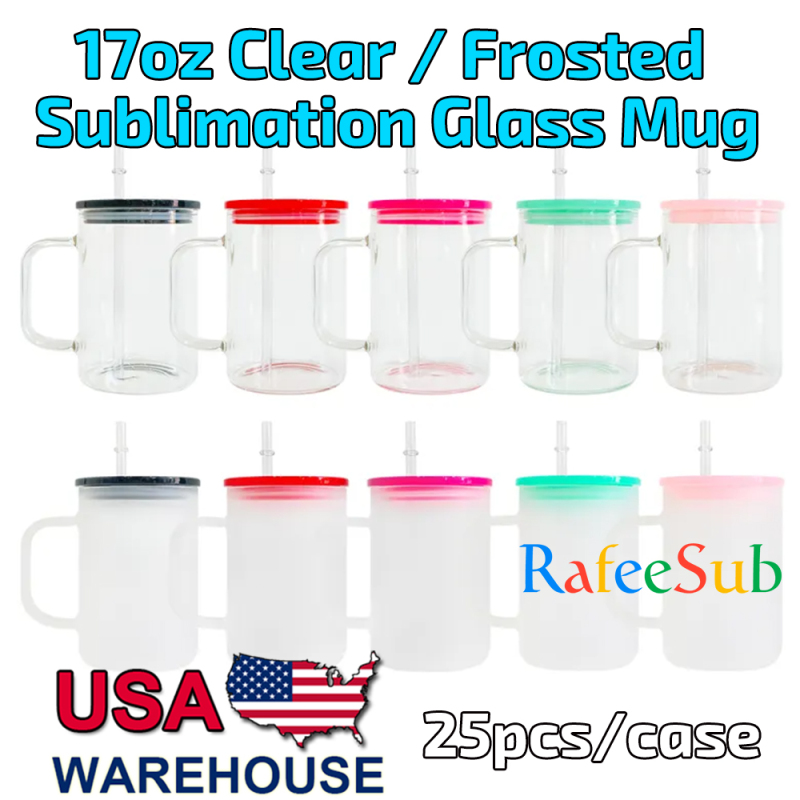 25PCS 17oz Clear / Frosted Sublimation Glass Mug with Mixed 5 Colors Plastic Lids