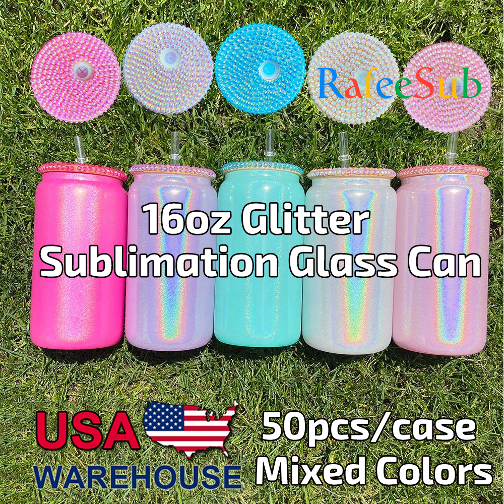 50PCS 16oz Mixed 5 Colors Rainbow Glitter Sublimation Glass Can with Rhinestone Bling Plastic Lids
