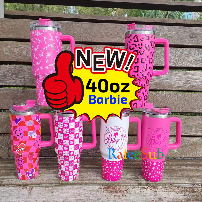 20PCS/CASE 40oz Bar.b.ie Pattern Stainless Steel Tumbler with Handle