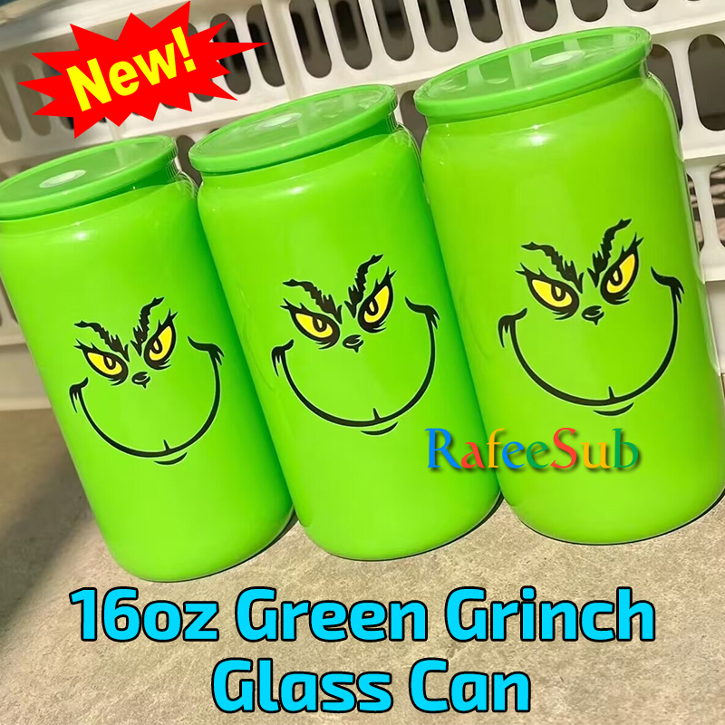 25PCS 16oz Green Grin.ch Glass Can | Plastic Lids | - RafeeSub