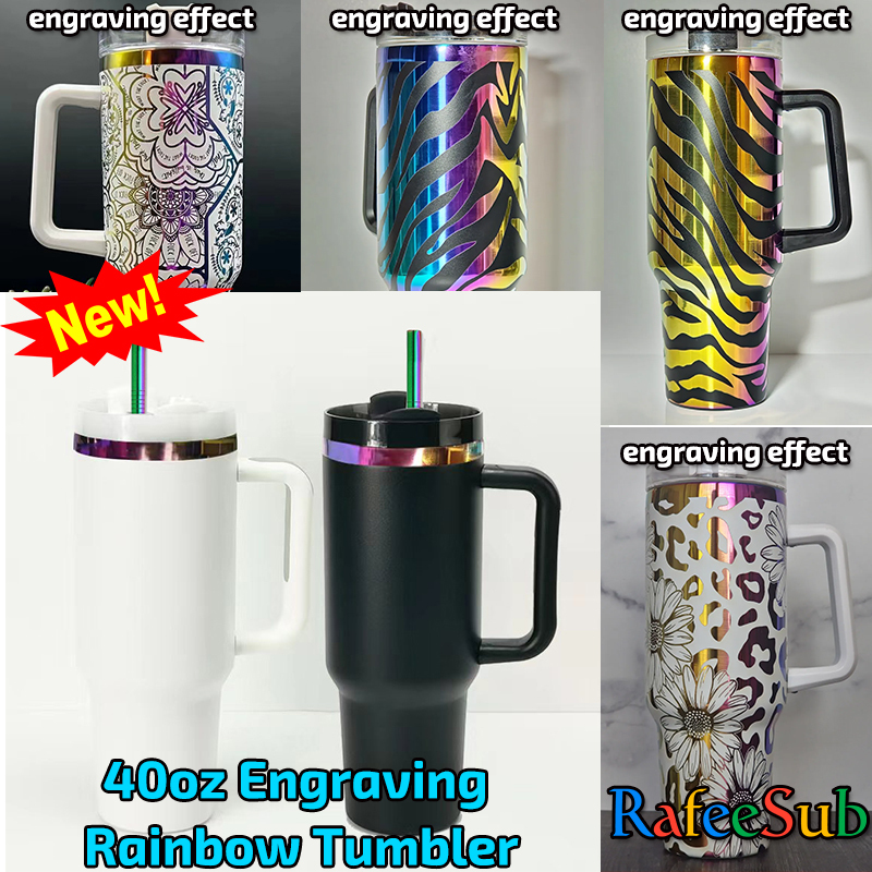 20PCS 40oz h2.0 White & Black Powder Coating Stainless Steel Tumbler | Rainbow Engraving | - RafeeSub