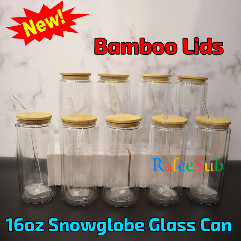 25PCS 16oz Pre-Drilled Clear Double Wall Snowglobe Blanks Sublimation Glass Can with Rubber Stopper - RafeeSub