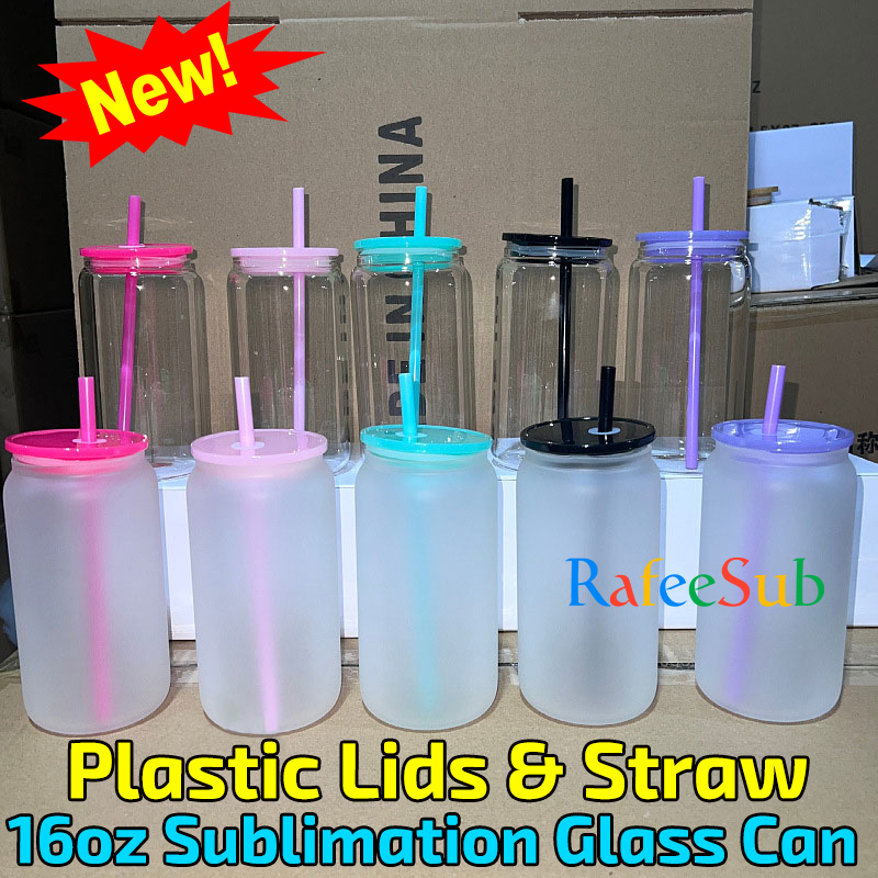 50PCS 16oz Clear/ Frosted Blank Sublimation Glass Can | Mixed Colors Lids & Straw | - RafeeSub