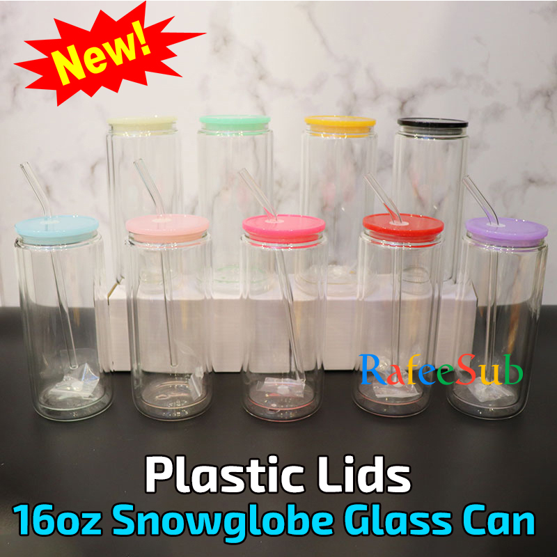 25PCS 16oz Pre-Drilled Clear Double Wall Snowglobe Blanks Sublimation Glass Can with Rubber Stopper - RafeeSub
