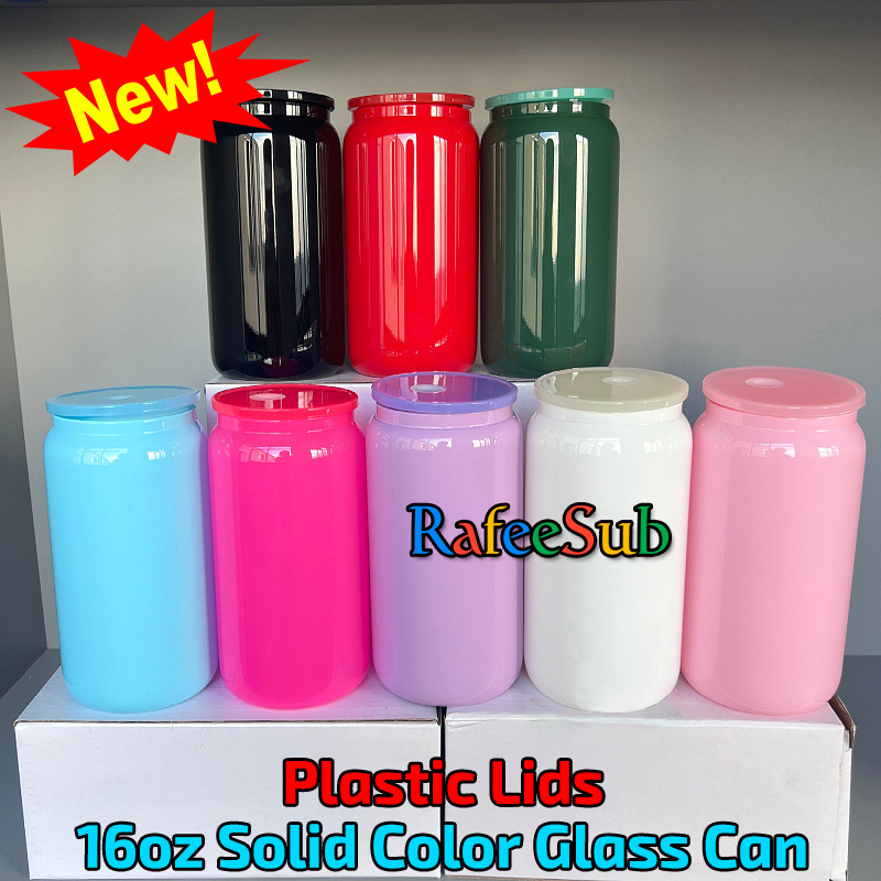 50PCS 16oz Solid Color Sublimation Glass Can | Plastic Lids | - RafeeSub