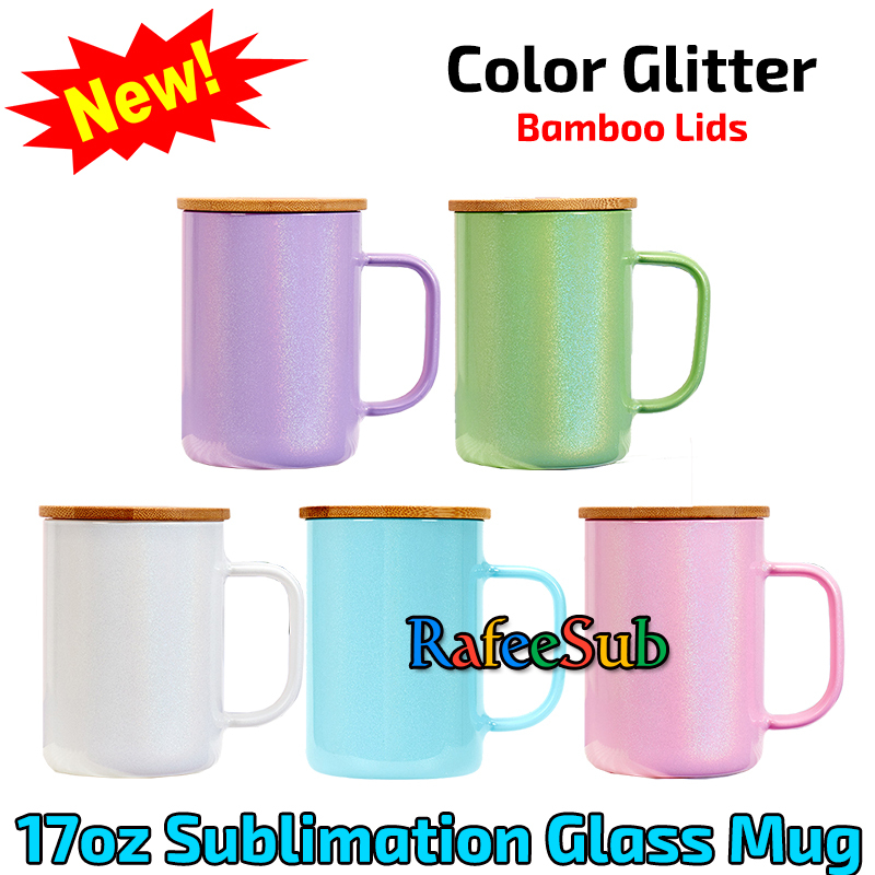 25PCS 16oz Color Glitter Sublimation Glass Mug | Bamboo Lids | - RafeeSub