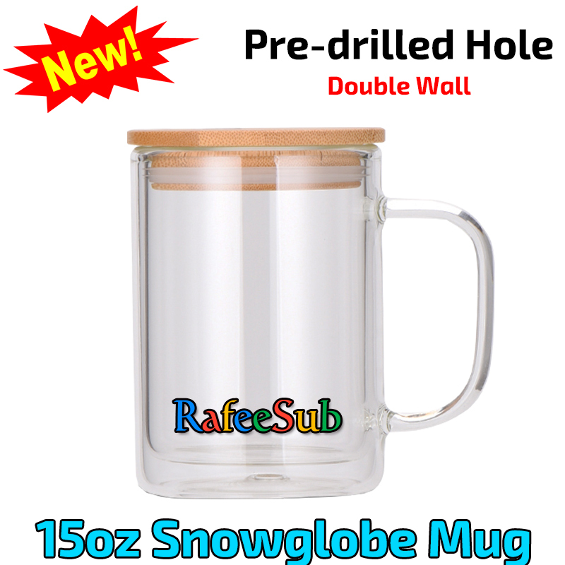 25PCS 15oz Pre-drilled Clear Double Wall Snowglobe Sublimation Blanks Glass Mug |  | - RafeeSub