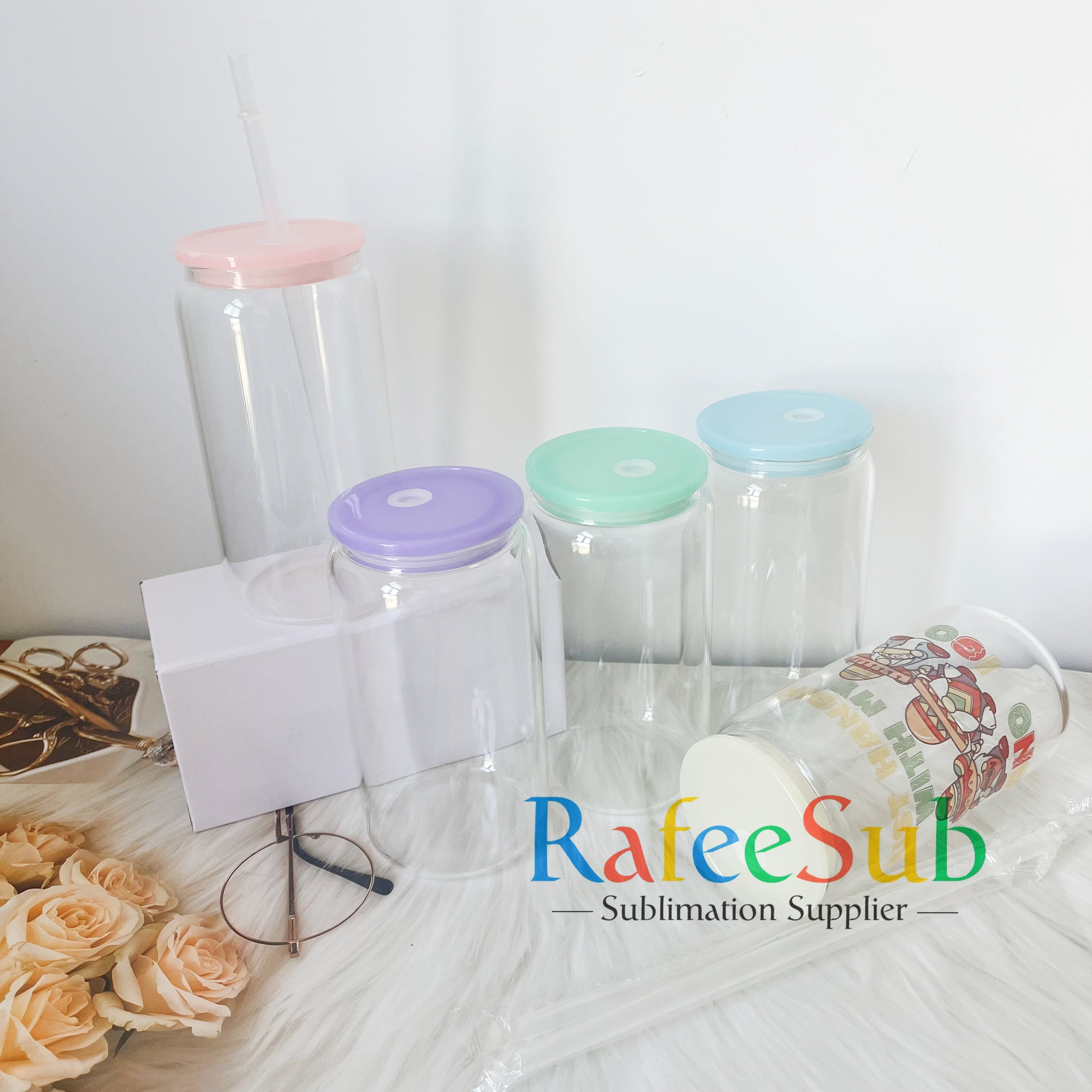 25PCS 16oz Clear/ Frosted Sublimation Glass Can | Mixed Colors Plastic Lids |