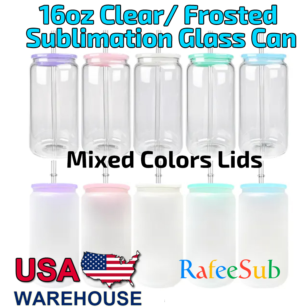 25PCS 16oz Clear/ Frosted Sublimation Glass Can | Mixed Colors Plastic Lids |