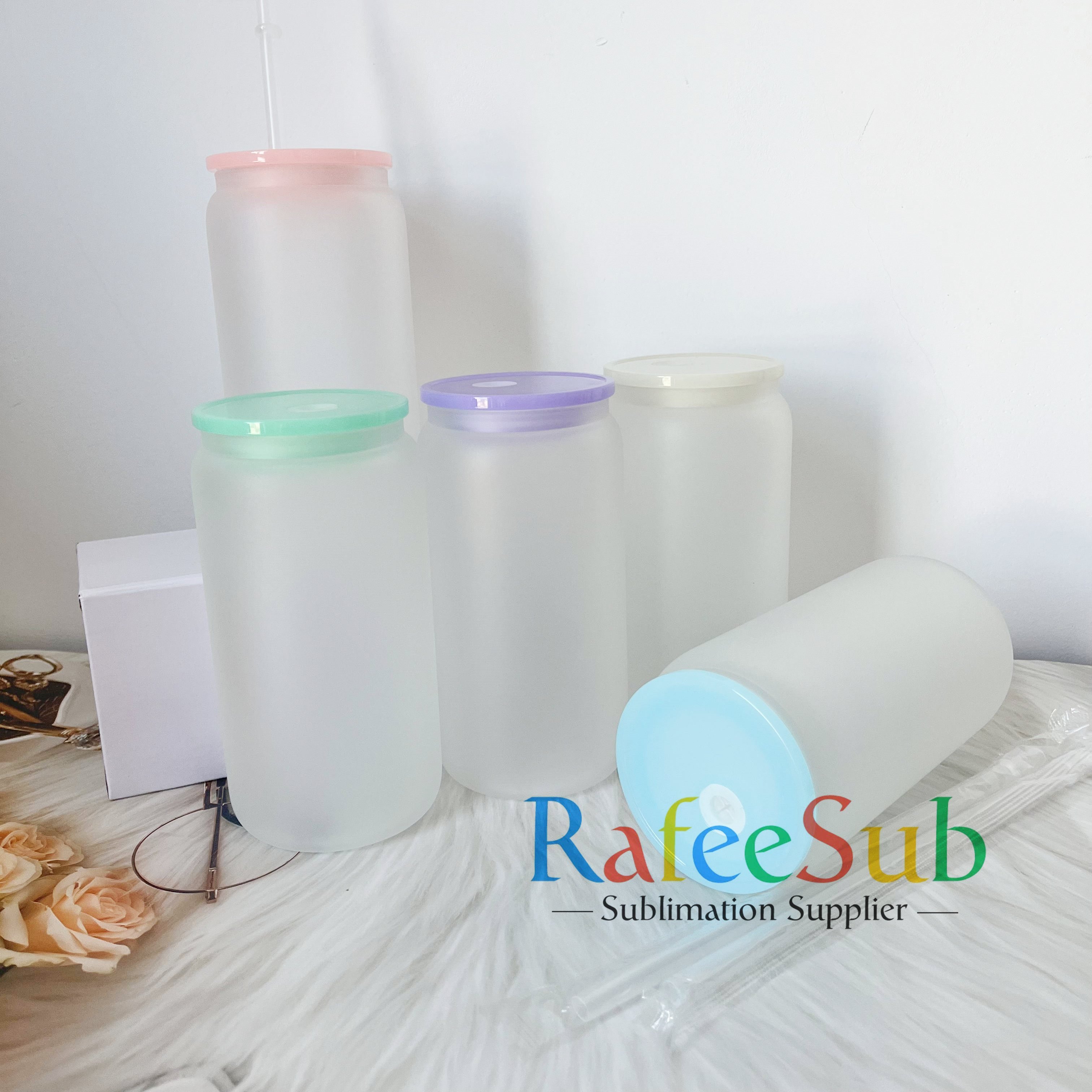 25PCS 16oz Clear/ Frosted Sublimation Glass Can | Mixed Colors Plastic Lids |