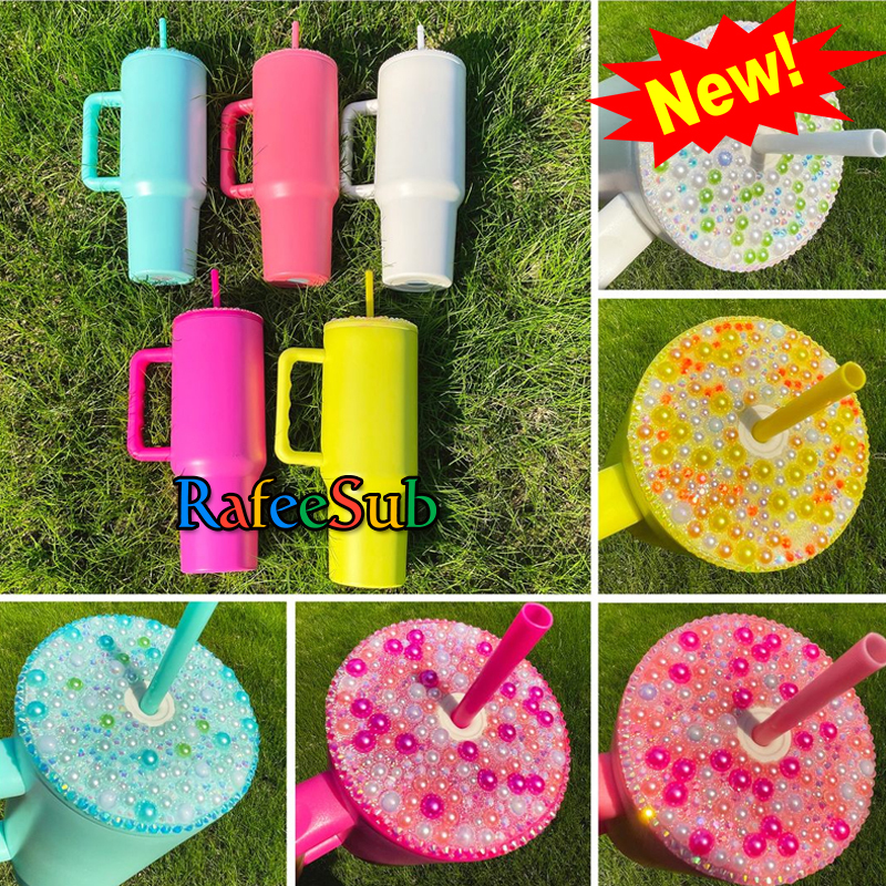 25PCS 40oz h3.0 Color Sublimation Blanks Tumbler with Handle and Rhinestone Sparkly Bling Lids - RafeeSub