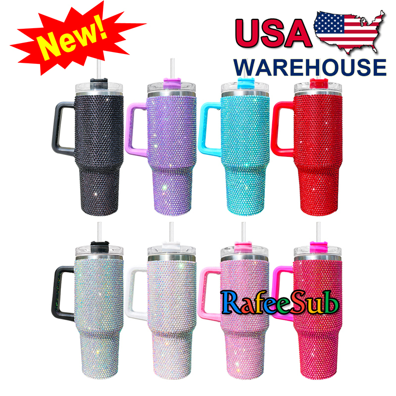 16PCS 40oz Bling Rhinestone Stainless Steel Tumbler with Handle