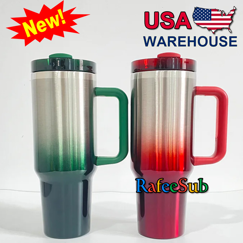 20PCS 40oz Red/ Green Ombre Gradient Stainless Steel Tumbler with Handle