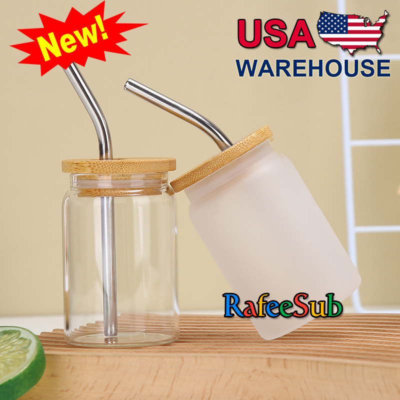 50PCS Mini 3.5oz Clear & Frosted Blanks Sublimation Glass Can with Bamboo Lids and Metal Straw