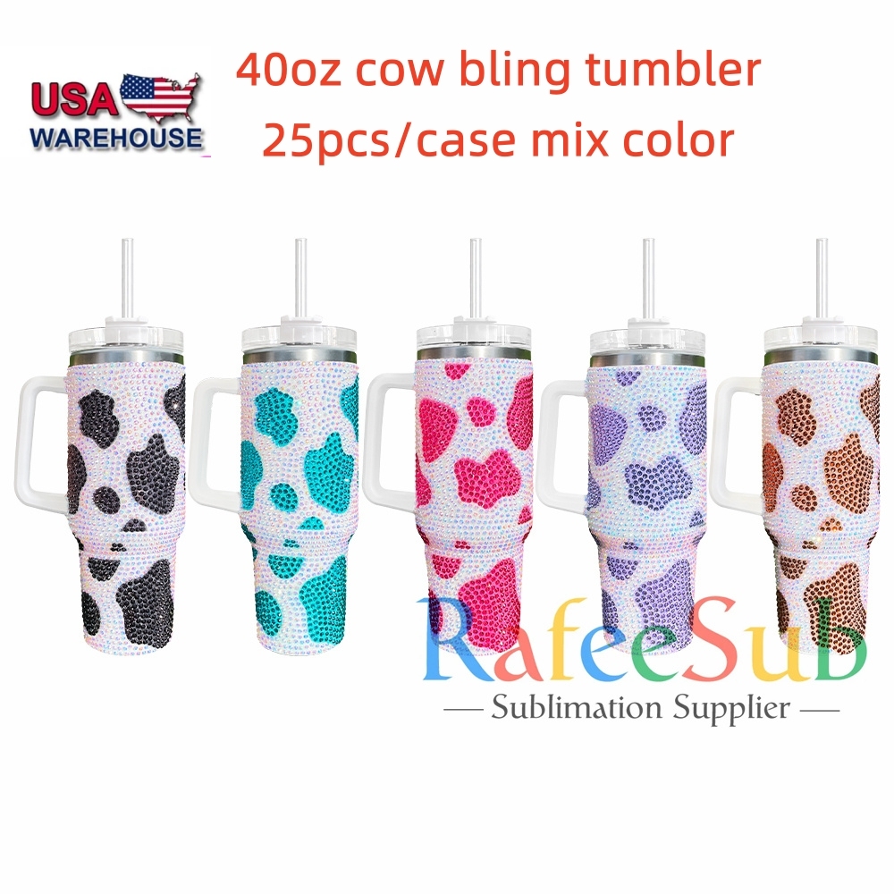 25PCS 40oz Cow Bling Stainless Steel Tumbler with Handle Mix Color