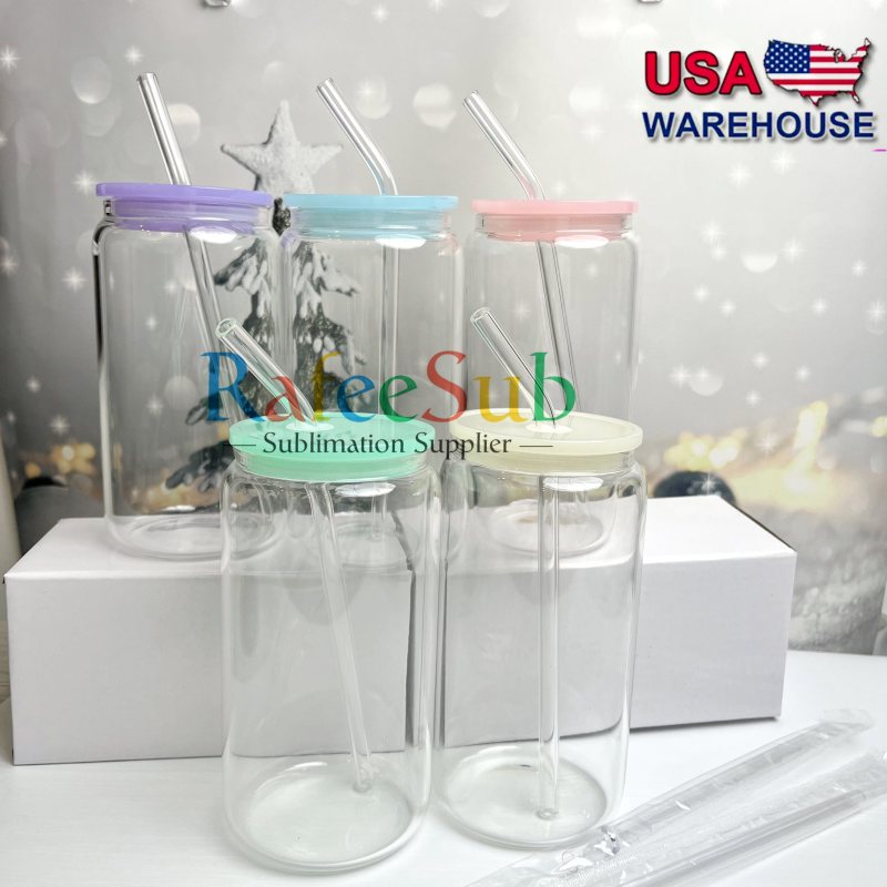 25PCS 16oz Clear/ Frosted Sublimation Glass Can | Mixed Colors Plastic Lids |