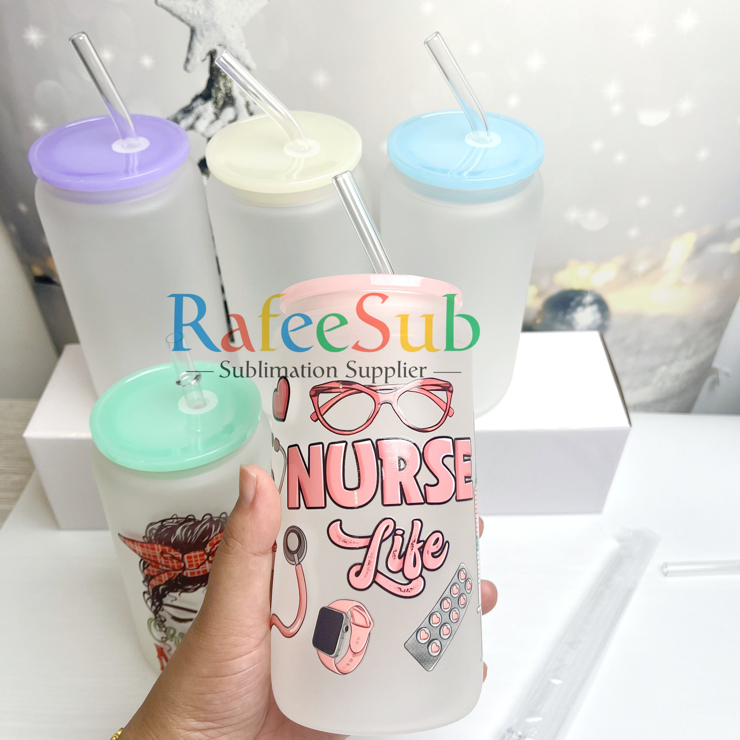 25PCS 16oz Clear/ Frosted Sublimation Glass Can | Mixed Colors Plastic Lids |