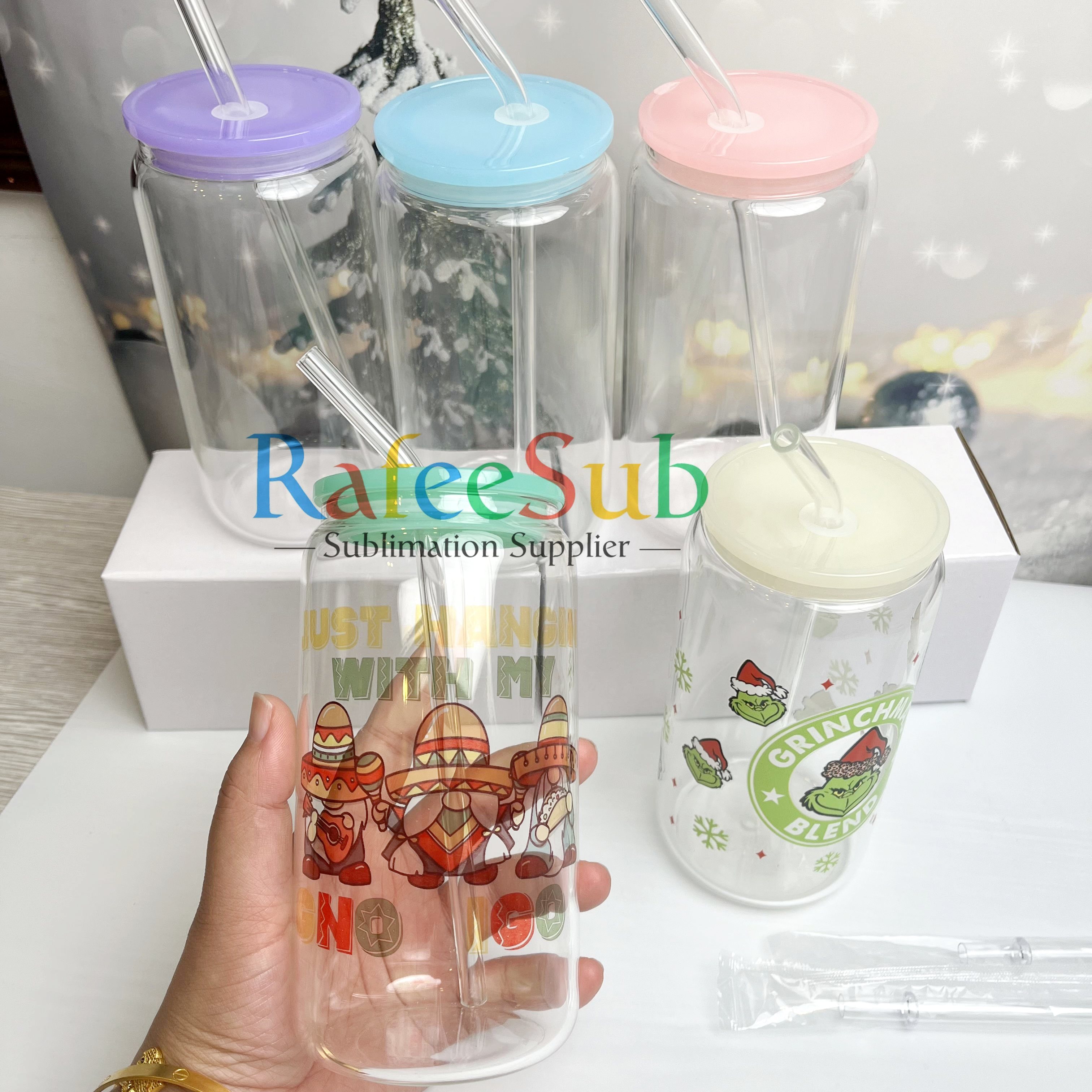 25PCS 16oz Clear/ Frosted Sublimation Glass Can | Mixed Colors Plastic Lids |