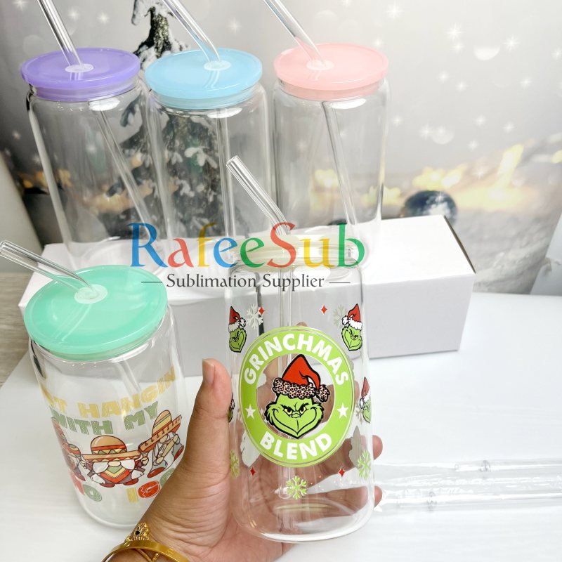 Clear Sublimation Glass Can (Plastic Colorful Lids) 16oz – OMG Cups!