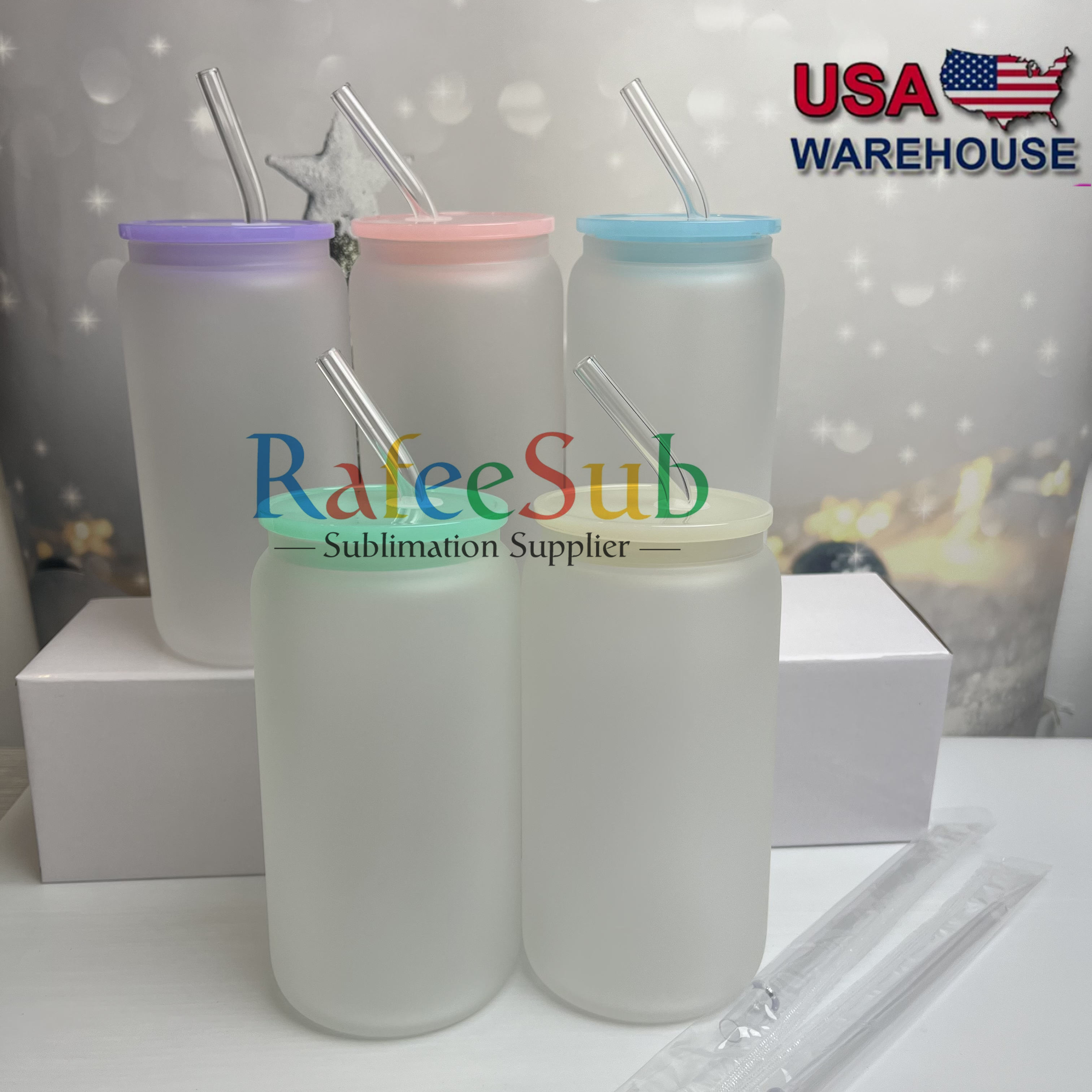 25PCS 16oz Clear/ Frosted Sublimation Glass Can | Mixed Colors Plastic Lids |