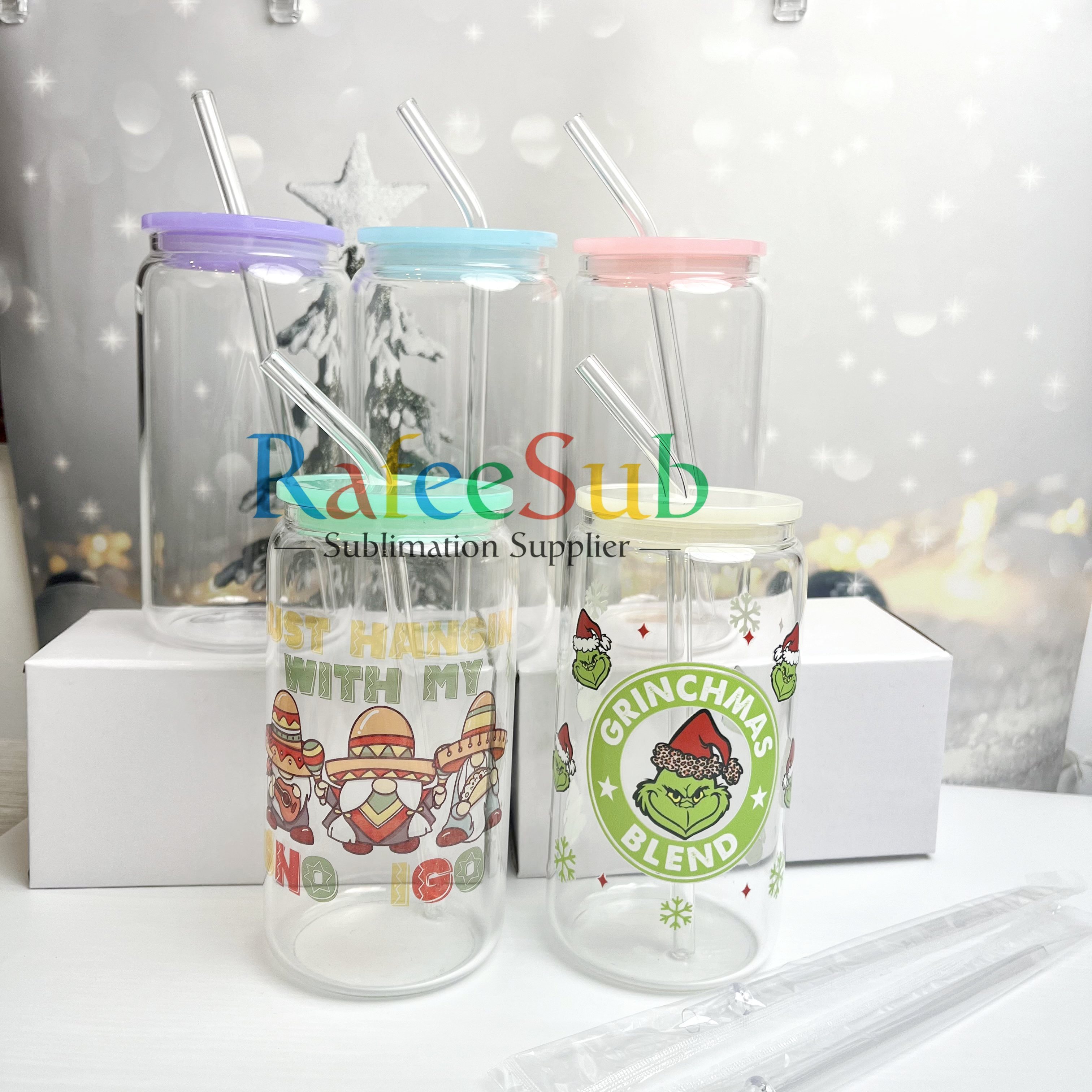 25PCS 16oz Clear/ Frosted Sublimation Glass Can | Mixed Colors Plastic Lids |