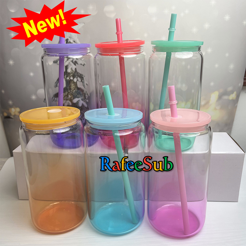 50PCS 16oz Jelly Gradient Color Clear Blank Sublimation Glass Can with Colored Plastic Lid