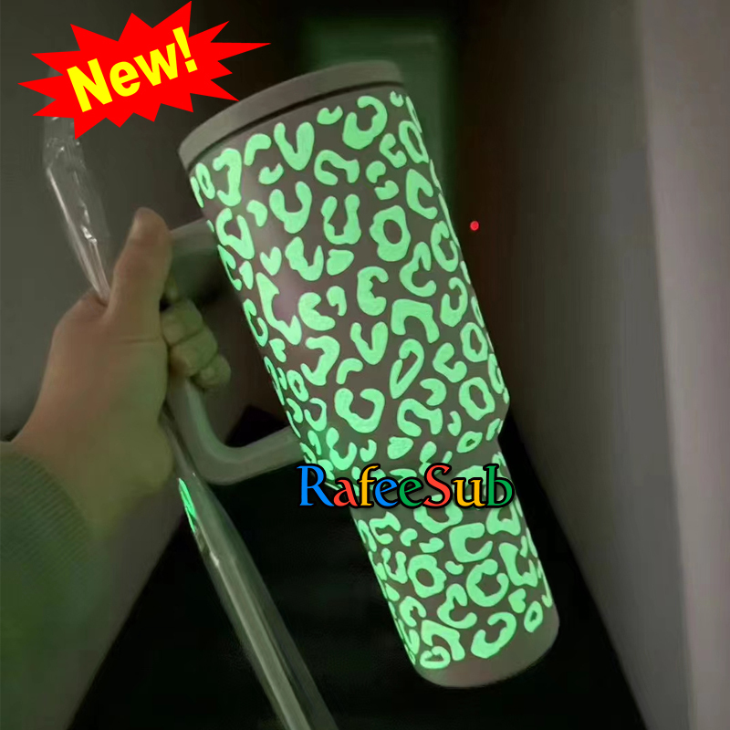 25PCS 40oz v3.0 Glow in the Dark Green Leopard Stainless Steel Tumbler with Handle