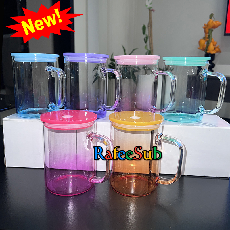 50PCS 17oz Jelly Gradient Color Clear Blank Sublimation Glass Coffee Mug with Handle and Colored Plastic Lid