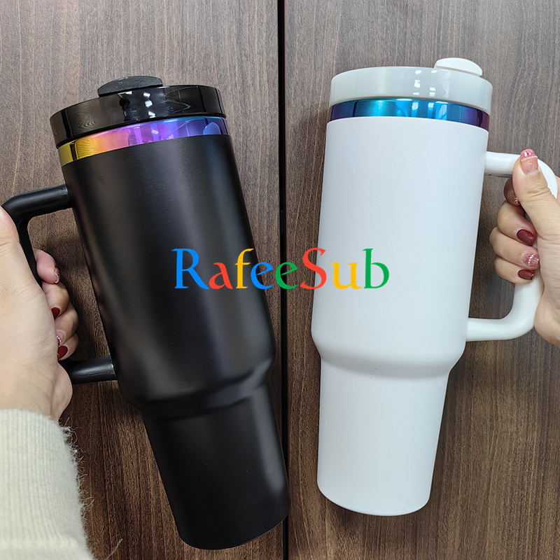 20PCS 40oz Rainbow Plated Engraved and White or Black Powder Coated Stainless Steel Tumbler with h2.0 Handle