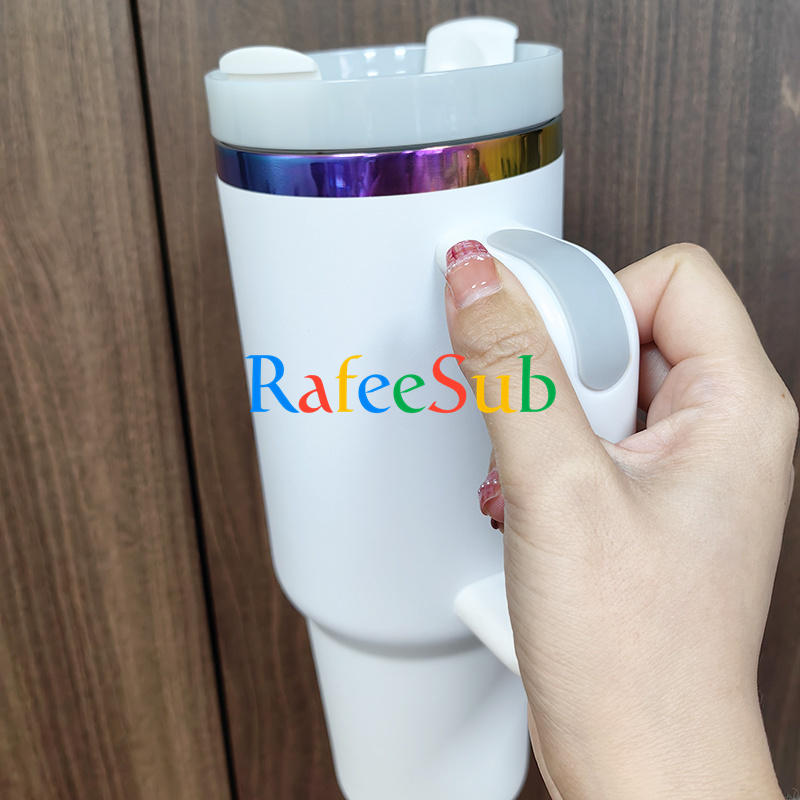 20PCS 40oz Rainbow Plated Engraved and White or Black Powder Coated Stainless Steel Tumbler with h2.0 Handle