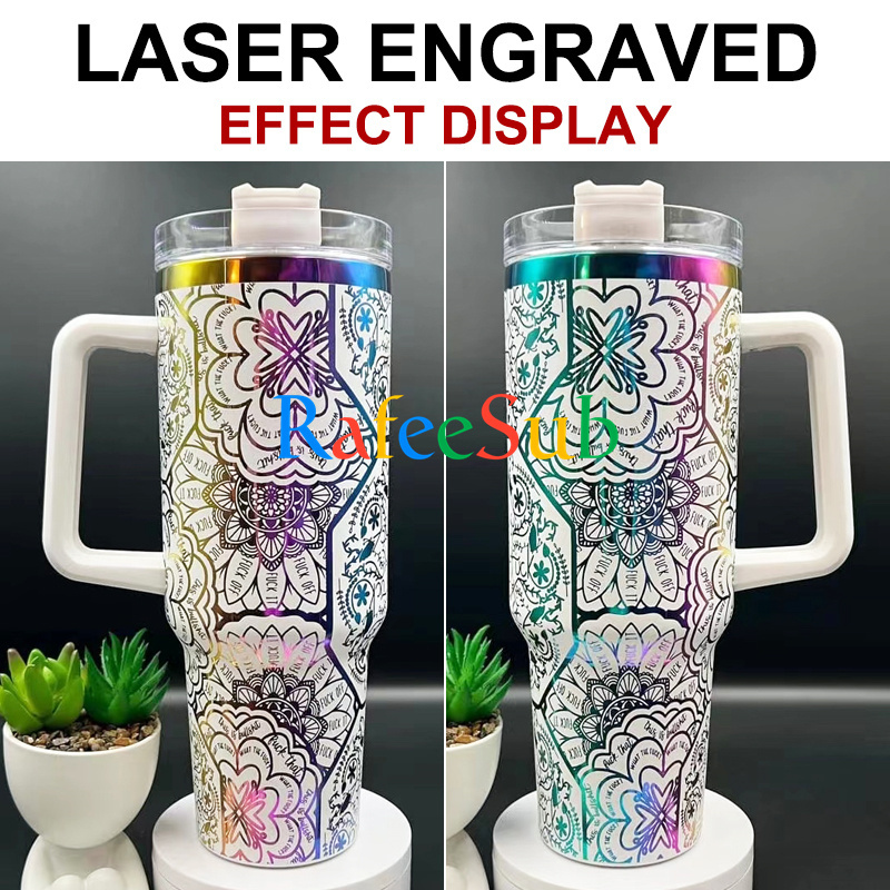 20PCS 40oz Rainbow Plated Engraved and White or Black Powder Coated Stainless Steel Tumbler with h2.0 Handle