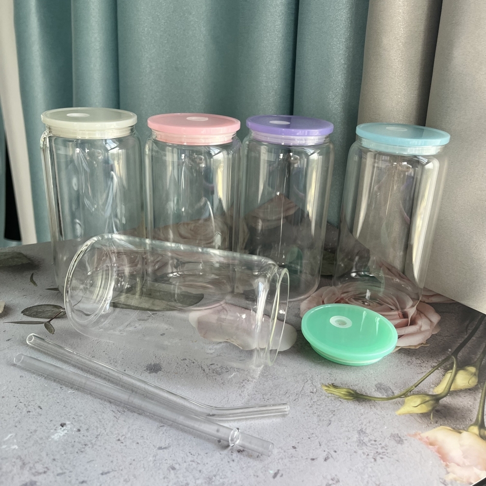 25PCS 16oz Clear/ Frosted Sublimation Glass Can | Mixed Colors Plastic Lids |