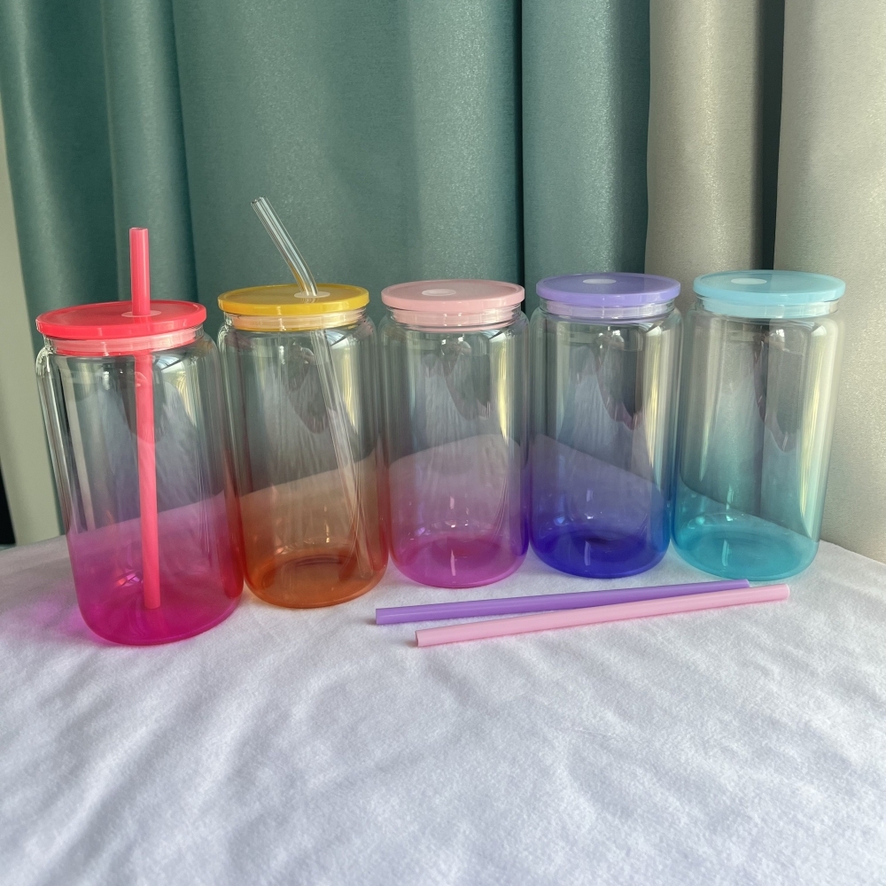 50PCS 16oz Jelly Ombre Colored Clear Blank Sublimation Glass Can with Colors Plastic Lid & Straw and Clear Glass Straw