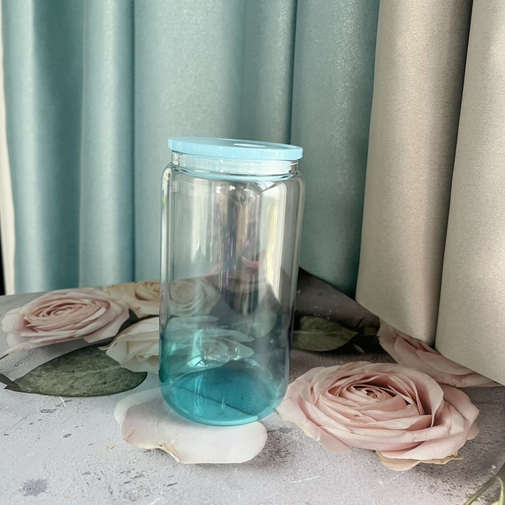 50PCS 16oz Jelly Ombre Colored Clear Blank Sublimation Glass Can with Colors Plastic Lid & Straw and Clear Glass Straw