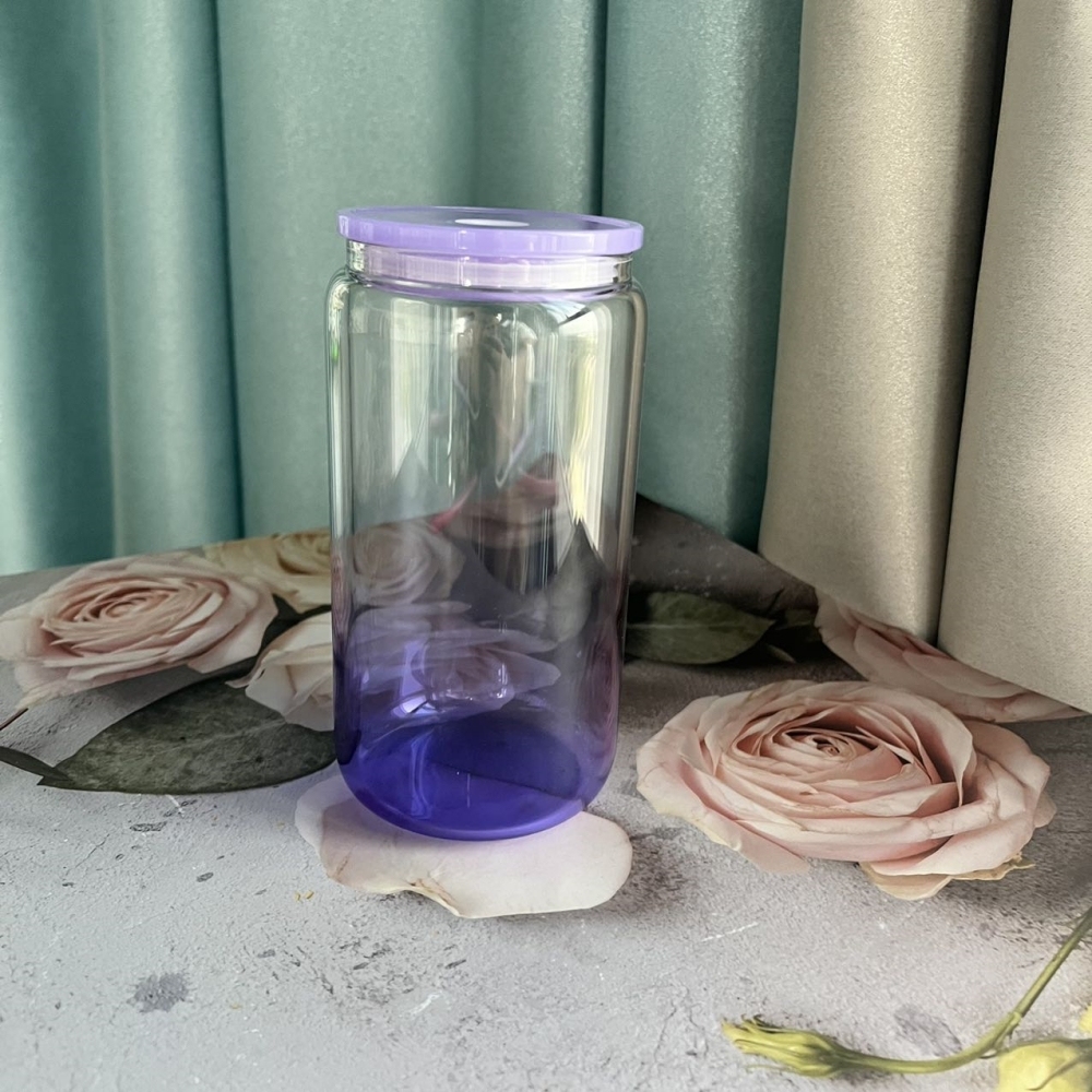 50PCS 16oz Jelly Ombre Colored Clear Blank Sublimation Glass Can with Colors Plastic Lid & Straw and Clear Glass Straw