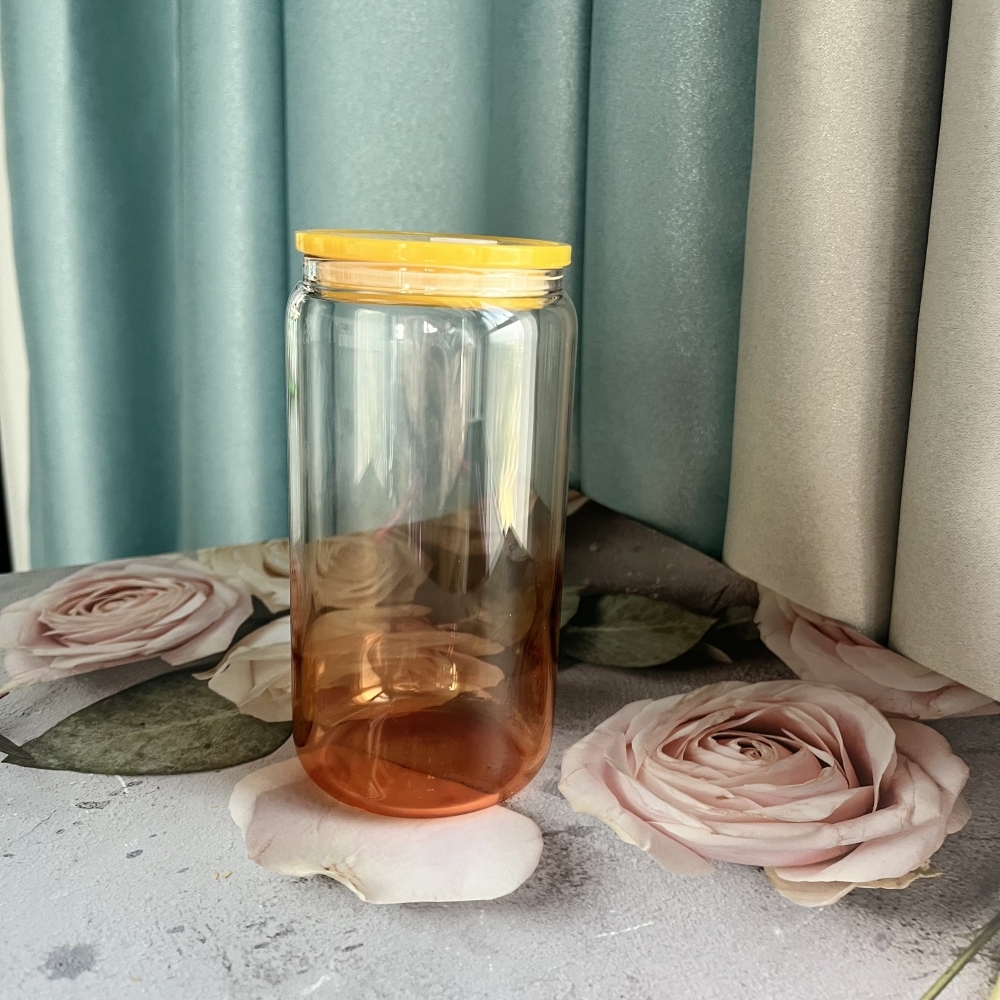 50PCS 16oz Jelly Ombre Colored Clear Blank Sublimation Glass Can with Colors Plastic Lid & Straw and Clear Glass Straw