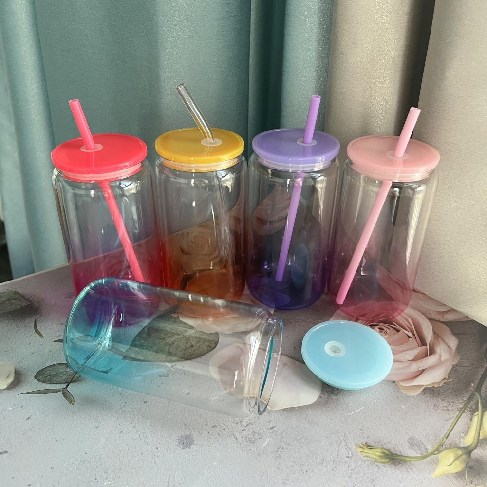 50PCS 16oz Jelly Ombre Colored Clear Blank Sublimation Glass Can with Colors Plastic Lid & Straw and Clear Glass Straw