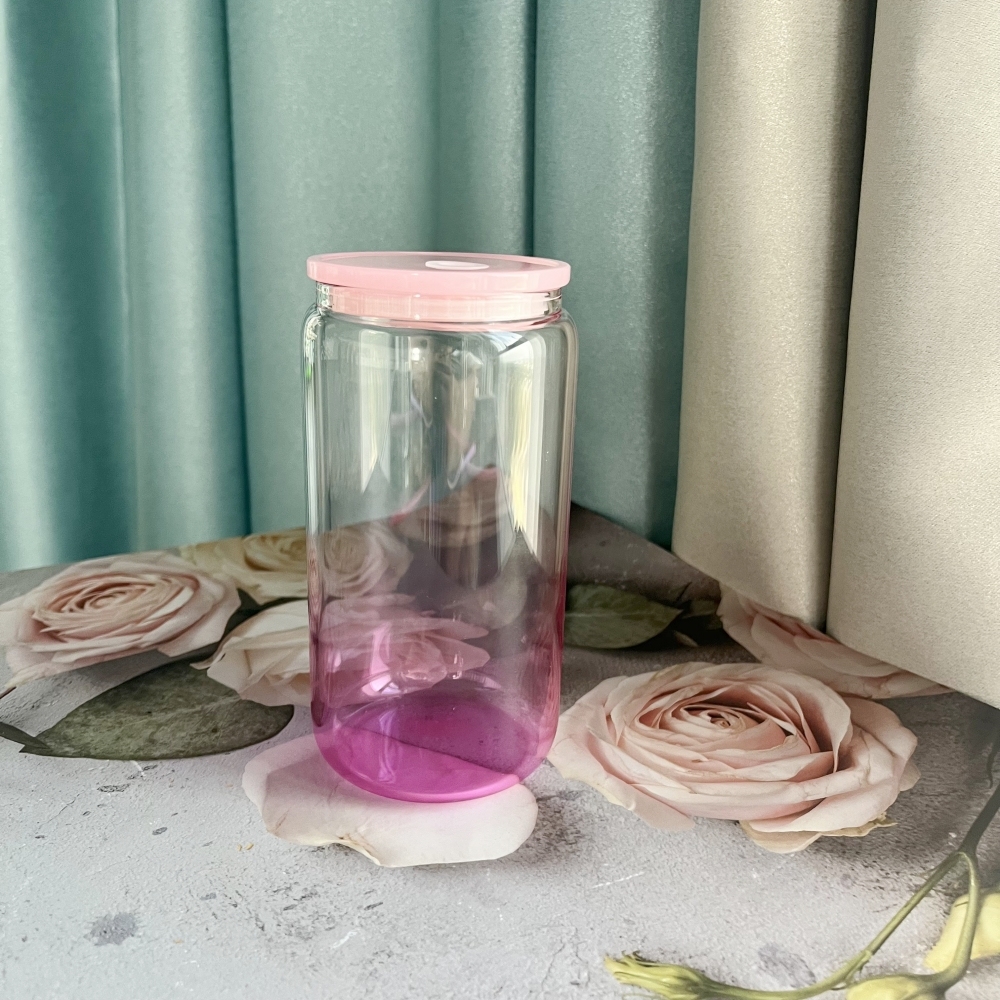 50PCS 16oz Jelly Ombre Colored Clear Blank Sublimation Glass Can with Colors Plastic Lid & Straw and Clear Glass Straw