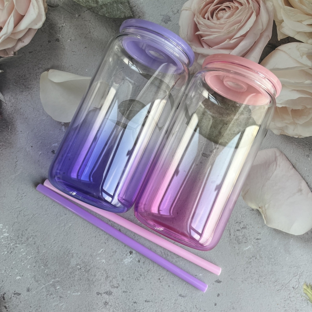 50PCS 16oz Jelly Ombre Colored Clear Blank Sublimation Glass Can with Colors Plastic Lid & Straw and Clear Glass Straw